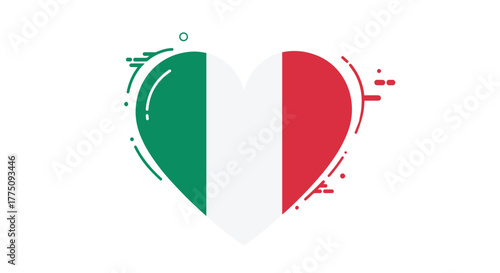 Heart-shaped Italian flag with abstract artistic elements on a white background.