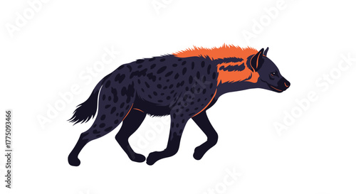 A spotted hyena with orange markings runs across a white background.