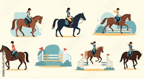 Collection of cartoon equestrian scenes depicting horseback riding and show jumping activities.