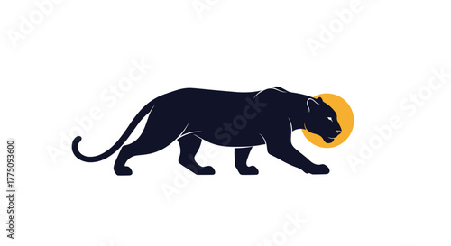 A stylized silhouette of a black panther walking with an orange sun behind its head.