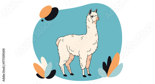 Illustration of a light-colored llama standing in a teal oval shape with abstract plants.