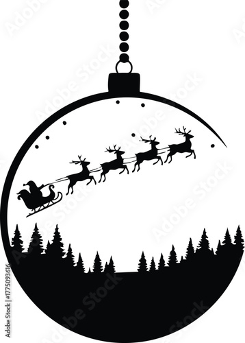 Festive Christmas Ornament with Santa's Sleigh Flying Over a Snowy Forest, a Classic Holiday Silhouette for Cards and Decorations