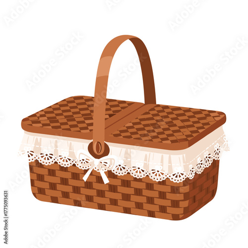 A charming brown woven picnic basket with a checkered lid, ruffled lace trim, and a decorative bow, perfect for outdoor dining and leisurely activities.