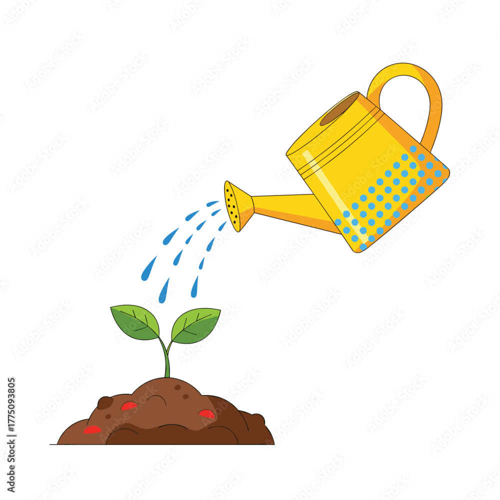Obraz premium A bright yellow watering can provides water to a small green seedling growing in a mound of rich brown soil, symbolizing new life and growth.