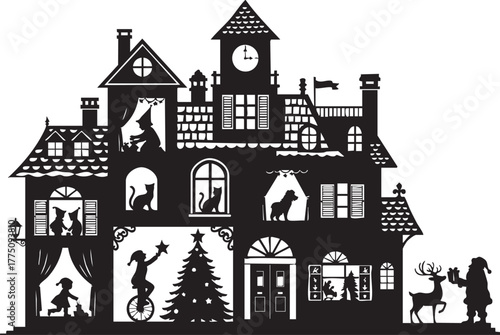 Enchanting Christmas Eve home scene with Santa, reindeer, cats, dog, children, and tree creating a magical holiday atmosphere