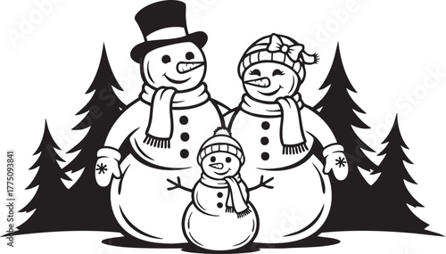 Charming snowman family with festive hats and scarves among silhouette winter trees, perfect for holiday cards and winter crafts illustrations