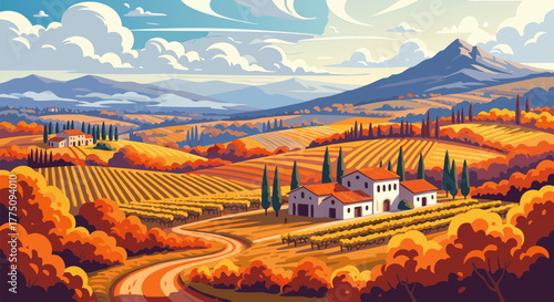 Stylized vector illustration of a scenic Tuscan landscape in autumn with rolling hills, a villa, and golden vineyards