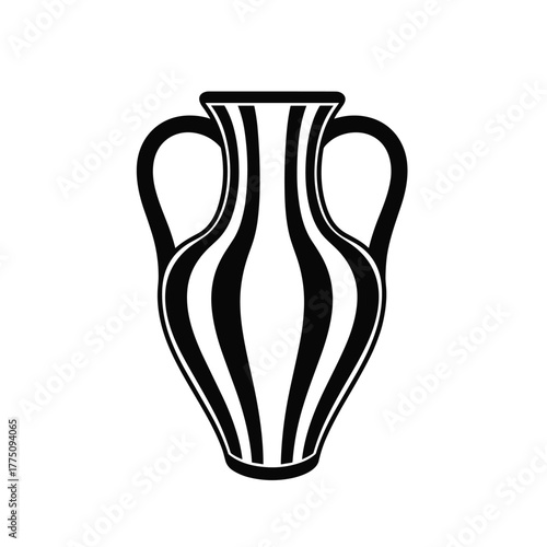 A stylized black and white amphora vase with elegant vertical stripes and two handles, depicted in a clean, graphic illustration.