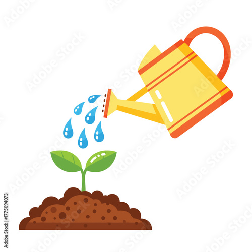 A yellow watering can nurturing a vibrant green seedling with drops of blue water, symbolizing growth and care in nature.