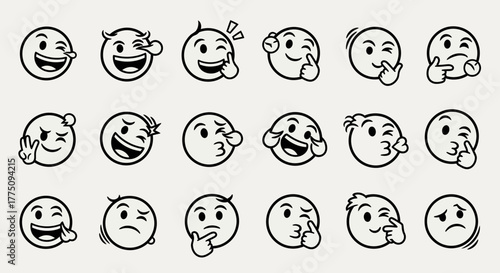 A collection of twenty hand-drawn emoji faces with various expressions, all in black and white line art.