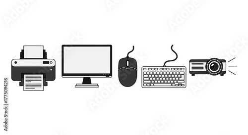 Illustration of computer peripherals including a printer, monitor, mouse, keyboard, and projector.