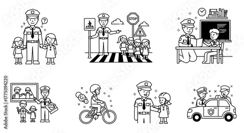 Illustrations of police officers helping children in various situations.