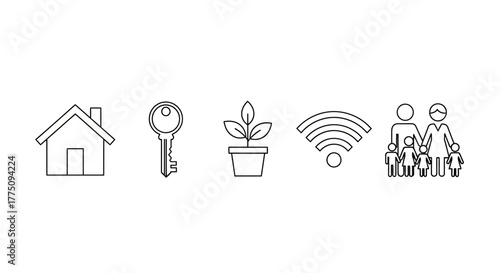 Line art icons representing home, key, plant, wifi, and family.