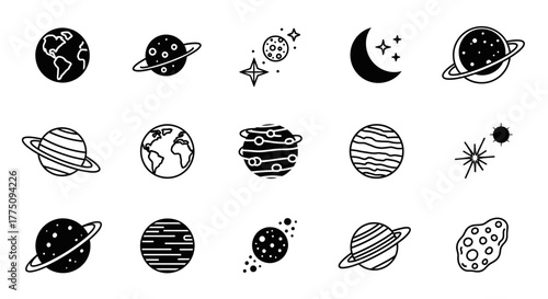 Collection of black and white space themed icons.