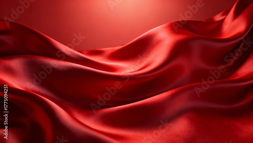 A close-up of rich, flowing red fabric with soft folds and a glossy texture, creating an elegant and luxurious visual effect.