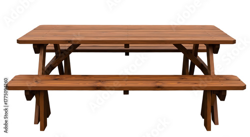 Brown Wooden Picnic Table with Bench on Transparent Background, Rustic Outdoor Table and Bench Set Illustration, Rectangular Wood Picnic Furniture Cutout, Dark Brown Plank Table and Bench Mockup, Isol