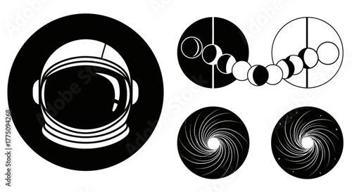 Black and white space themed vector graphics set.