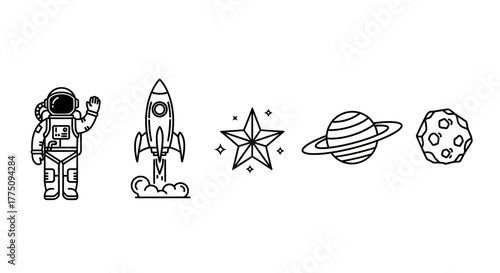 Space exploration icons: astronaut, rocket, star, planet, and moon in black and white line art.