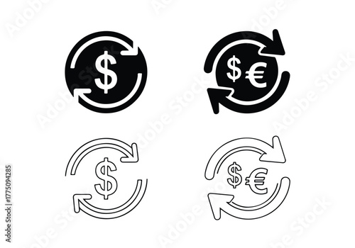 Money exchange icons dollar euro currency symbols circular arrows - Vector icon symbol for website - Icon vector - Blue icon vector - Line and glyph solid icon set