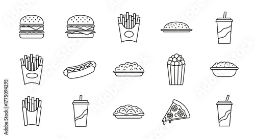 Black and white line art illustration of various fast food items.