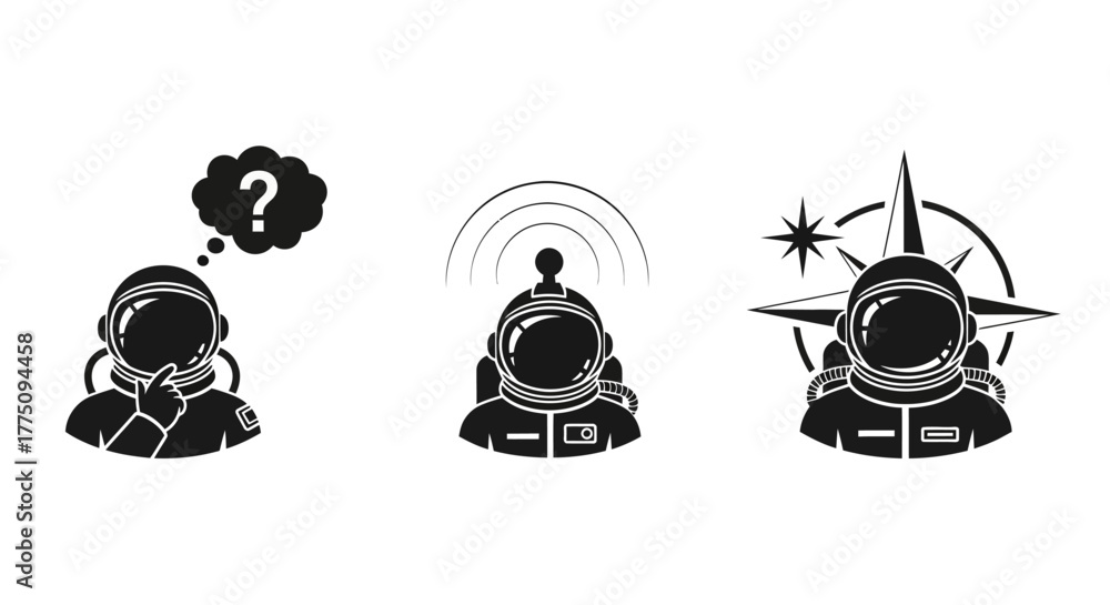 Naklejka premium Astronaut icons set: thinking, communicating, and exploring space.