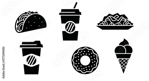 Black and white icons of fast food items including a taco, coffee, donut, ice cream, and noodles.