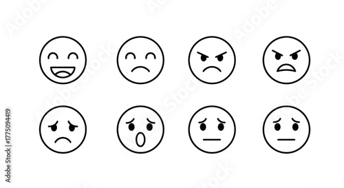 Collection of eight different facial expressions in black and white line art.