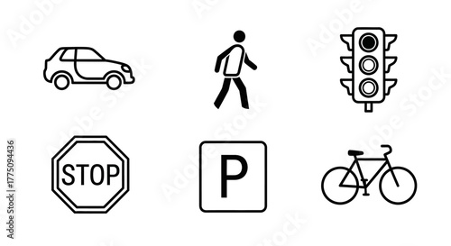 Road signs and symbols: car, pedestrian, traffic light, stop, parking, bicycle.
