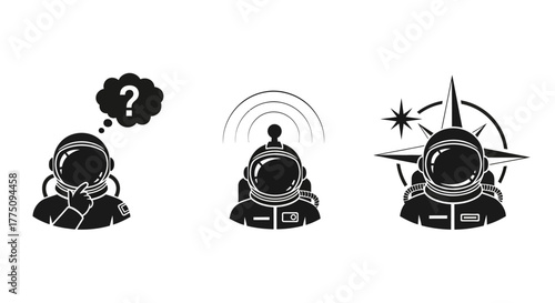 Astronaut icons set: thinking, communicating, and exploring space.