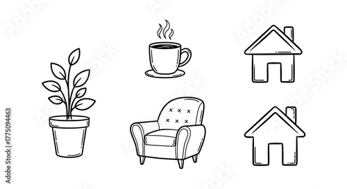 Hand-drawn icons of a plant, coffee, chair, and house.