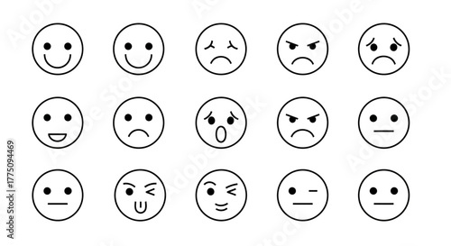 Collection of simple line drawing emoji faces showing various emotions.