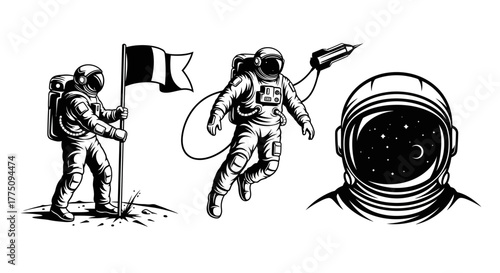 Three black and white drawings of astronauts in space suits, one planting a flag, one floating, and one with a starry reflection in the helmet.