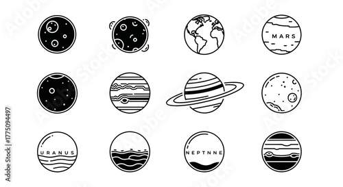 Set of planets in the solar system in a minimalist style.