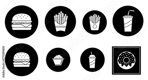 Fast food icons: burgers, fries, soda, popcorn, and donut.
