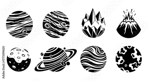 Collection of stylized planets and celestial bodies in black and white.