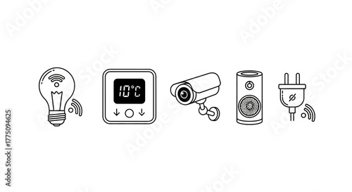 Smart home devices line art icons: lightbulb, thermostat, camera, speaker, plug.