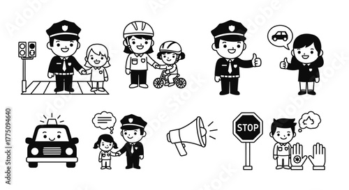 Black and white cartoon illustrations of police officers helping people.