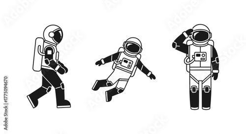 Three black and white cartoon astronauts in different poses, walking, floating, and saluting.
