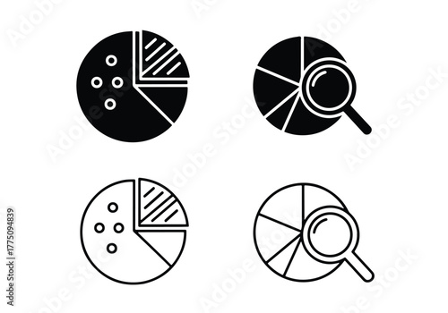 Pie chart icons magnifying glass data analysis set - Vector icon symbol for website - Icon vector - Blue icon vector - Line and glyph solid icon set