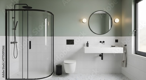 Modern bathroom with a walk-in shower, wall-mounted sink, and toilet, featuring a sage green and white color scheme.