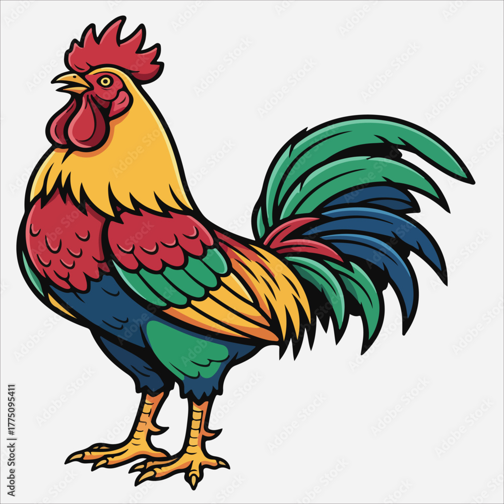 Fototapeta premium Vibrant rooster standing against a clean white background with colorful plumage and a bold appearance.