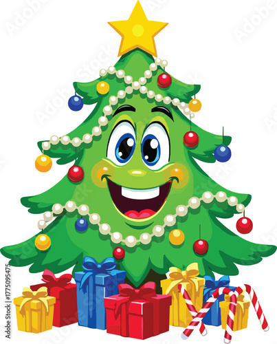 Joyful Christmas tree with gifts and candy canes