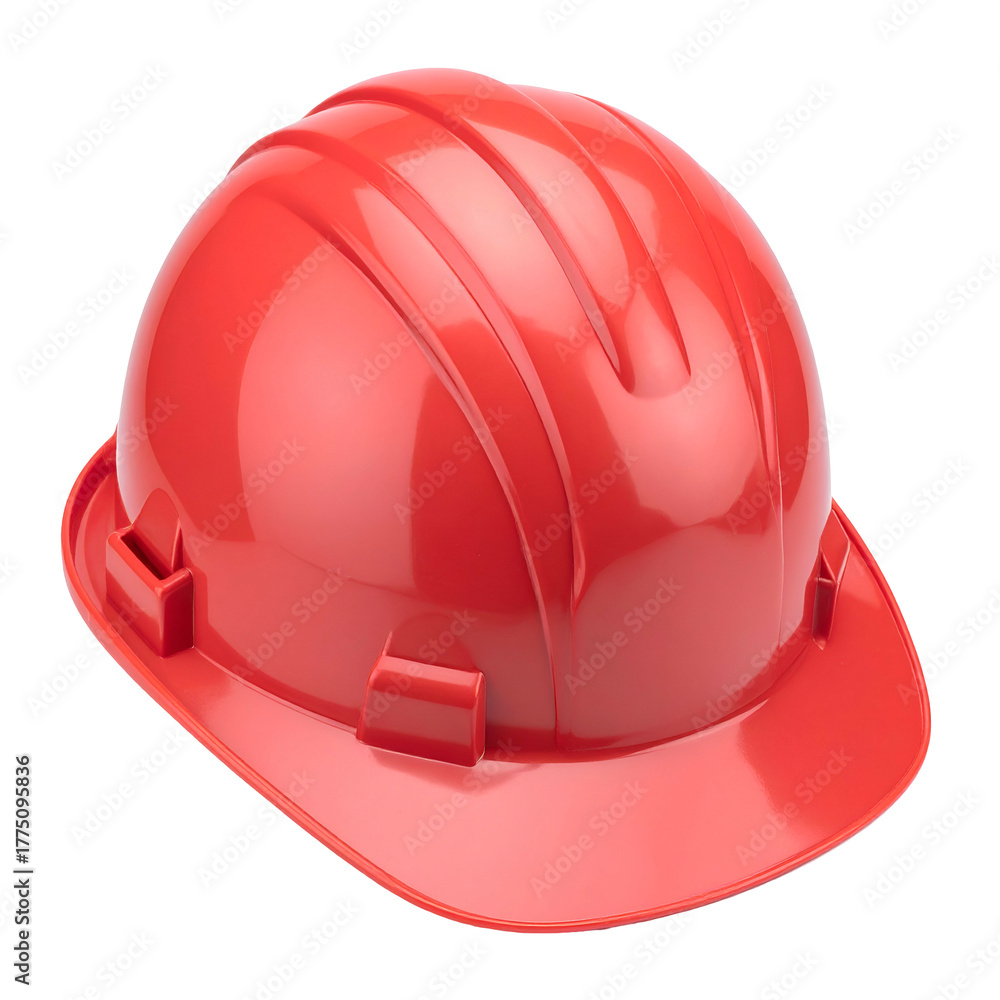 Fototapeta premium A bright red construction helmet, glossy and isolated on a black background