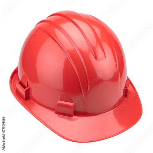A bright red construction helmet, glossy and isolated on a black background