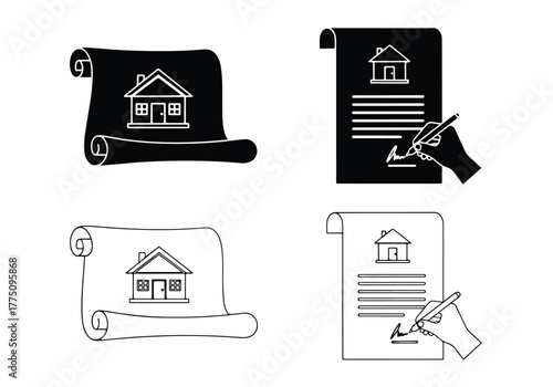 Document icon set house contract estate law agreement - Vector icon symbol for website - Icon vector - Blue icon vector - Line and glyph solid icon set