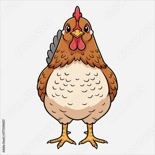 Cartoon illustration of a brown and white chicken standing on a plain white background with a comical expression.