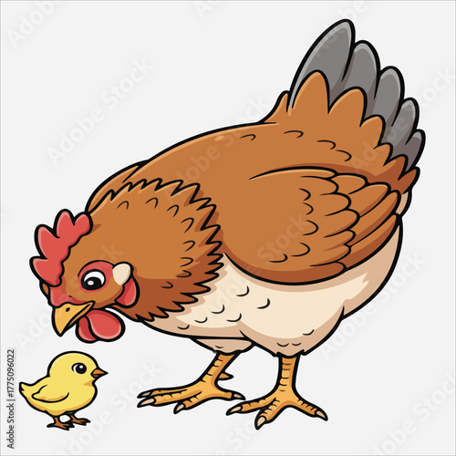 A brown hen standing next to a small yellow chick against a clean white background with a cartoonish style and warm tones.