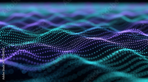 Abstract digital wave structure glowing particle mesh Data visualization backdrop flowing blue purple dots array