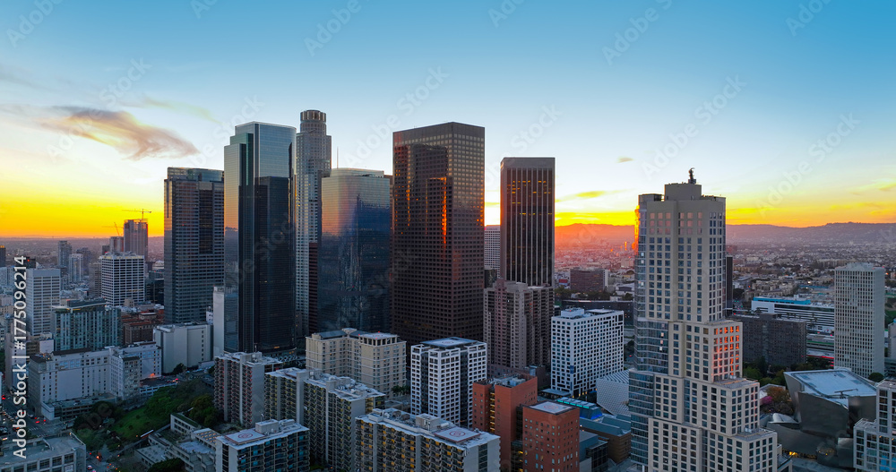 Fototapeta premium Aerial drone view of Los Angeles. LA cityscape. America, USA, California LA city theme.