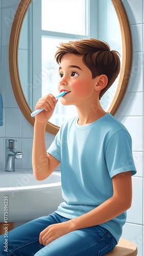Boy brushing his teeth. Bathroom. Morning routine. Healthy habits.